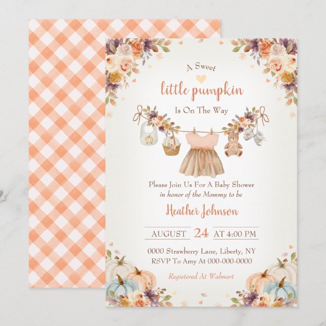 Söta lilla pumpa höst baby shower inbjudningar (Fram/baksida)