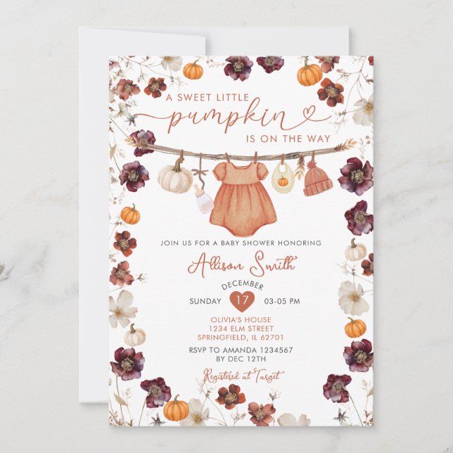 Söta lilla Pumpkin Boho Barnkläders Baby Shower Inbjudningar (Framsida)