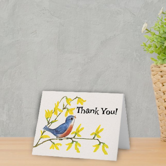 Söta lilla röda blåa Bird på Gren Flowers Tack Kort (Sweet red and blue bird on branch with bright yellow flowers on white Thank You card.)