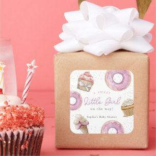 Söta lilla Rosan Cuppie & Donut Baby Shower Fyrkantigt Klistermärke