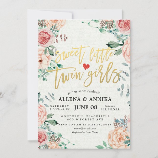 Söta lilla Twin Girls-inbjudningar till babyskor Tack Kort (Framsida)