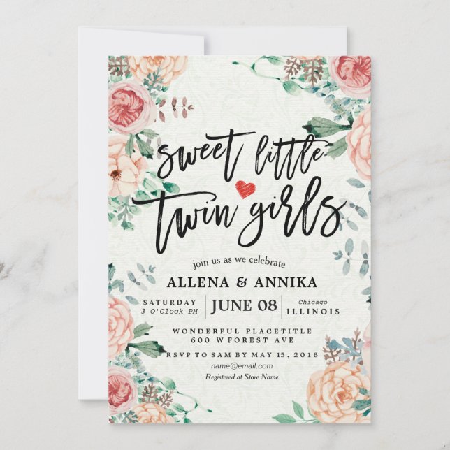 Söta lilla Twin Girls-inbjudningar till babyskor Tack Kort (Framsida)