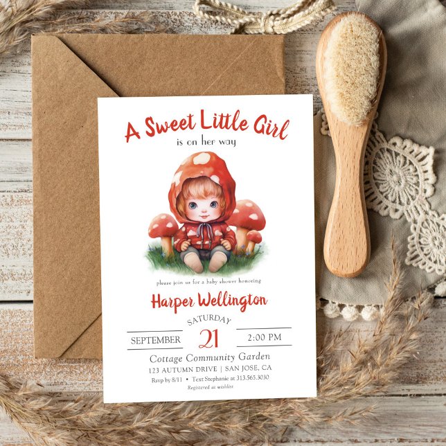 Söta Little Girl Red Mushroom Baby Shower Inbjudningar (Sweet Little Girl Red Mushroom Baby Shower Invitation)