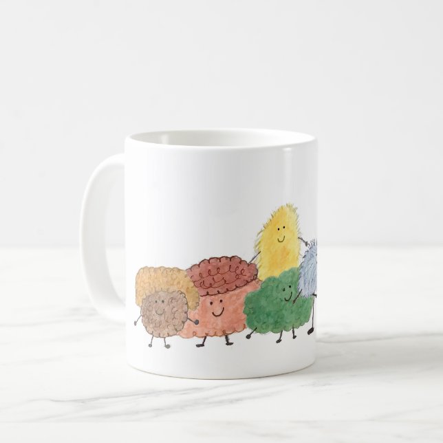 Söta luddiga varelser på en kaffemugg (Framsida vänster)