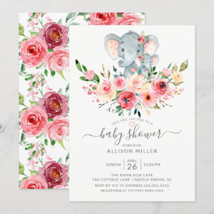 Söta Mamma & Baby Elephant Blommigt Baby Shower Inbjudningar