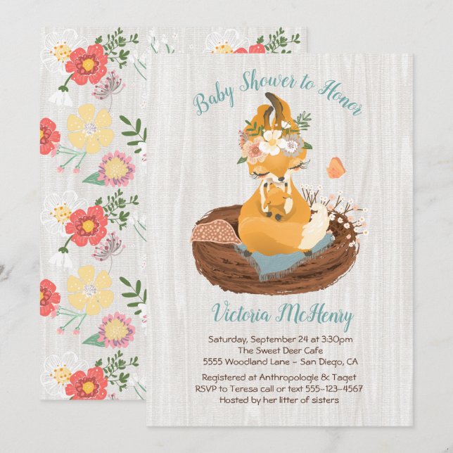 Söta mamma-fox och baby-babyduschinbjudningar inbjudningar (Fram/baksida)