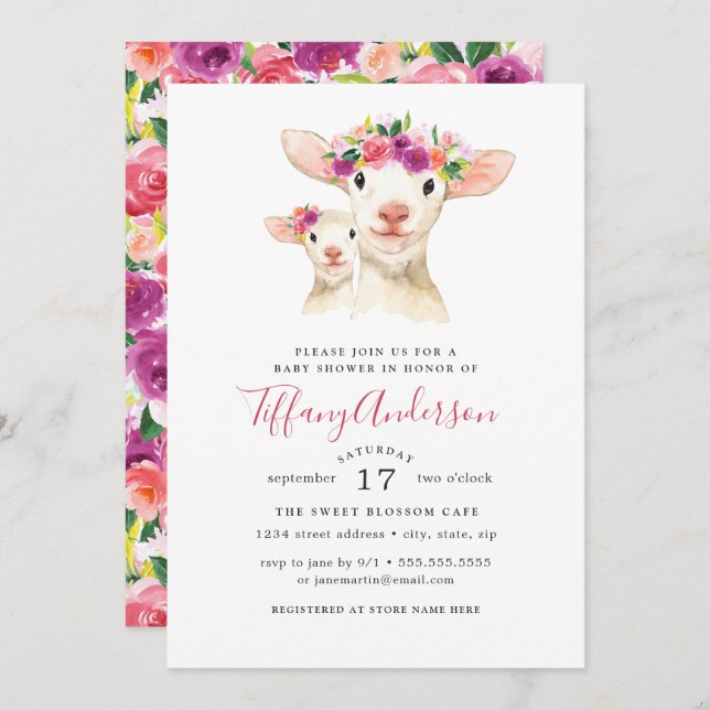Söta Mamma och Baby Lamb Blommigt Babyskor Inbjudningar (Fram/baksida)