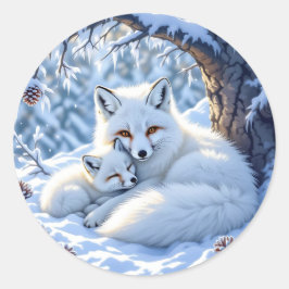 Söta mamma och baby vita rävar i snön runt klistermärke