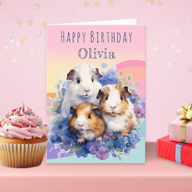 Söta marsvin Personlig födelsedagskort Kort (A personalized birthday card with an illustration of three adorable guinea pigs)