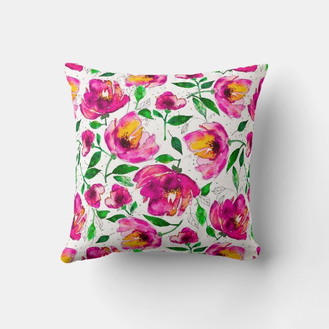 Söta minnen - Vattenfärgad Blommigt i Rosa och Grö Kudde (Baksida)