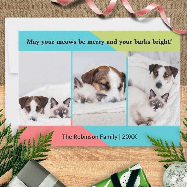 Söta Moderna Färgglada Collage Husdjur Bilder Jul Julkort (A colorful Christmas card to personalize with 3 of your favorite pet photos, your name and the year)