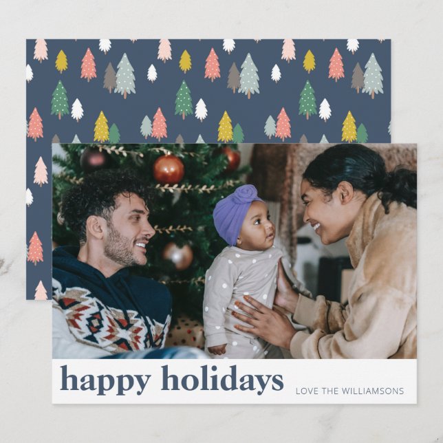Söta Moderna Mörkblå Julgranar Bred Foto Julkort (Fram/baksida)