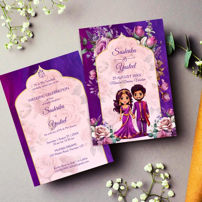 Söta möhippor för rosa i Indiska bröllop lila Inbjudningar (Indian wedding purple pink cute bridal caricature couple invitation template instant download)