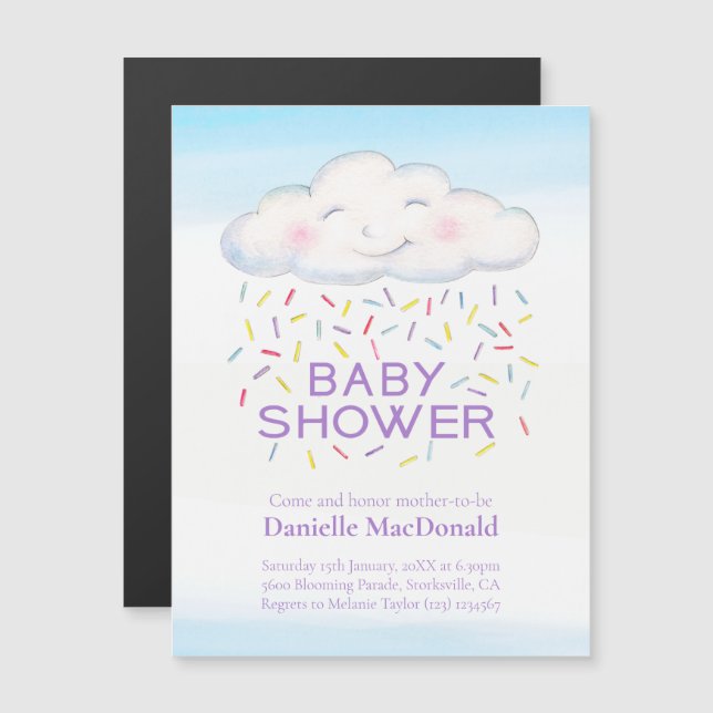 Söta moln candy sprinkle vattenfärg baby shower magnetisk inbjudningskort (Fram/baksida)
