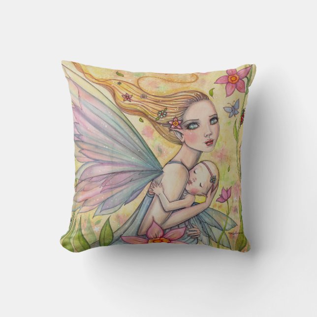 Söta Mor och Baby Fairy Illustration Kudde (Framsida)