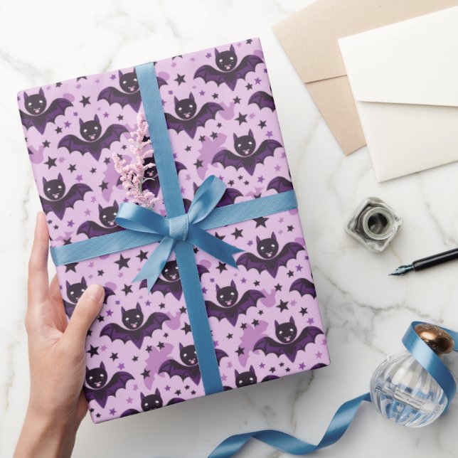 Söta mörklila halloweenfladdermöss presentpapper (Gifting)
