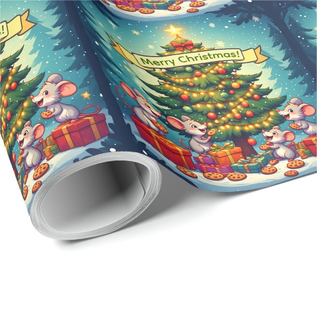 Söta möss kakor julgran festlig glädje presentpapper (Rullad Hörn)
