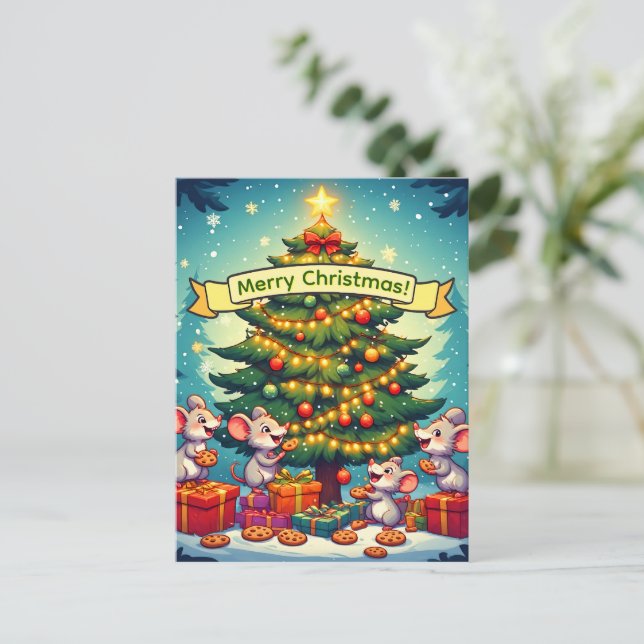 Söta möss kakor julgran festlig glädje vykort (Stående Fram)