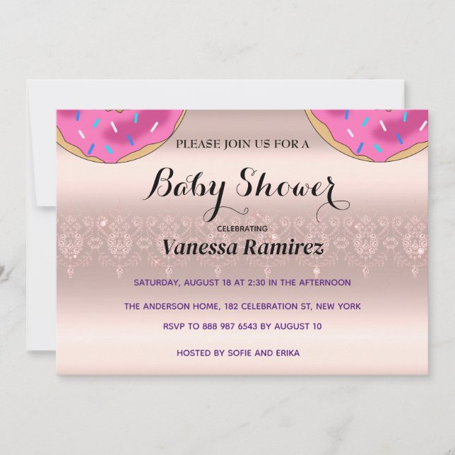 Söta munkar, rose gold babypresent inbjudningar (Framsida)