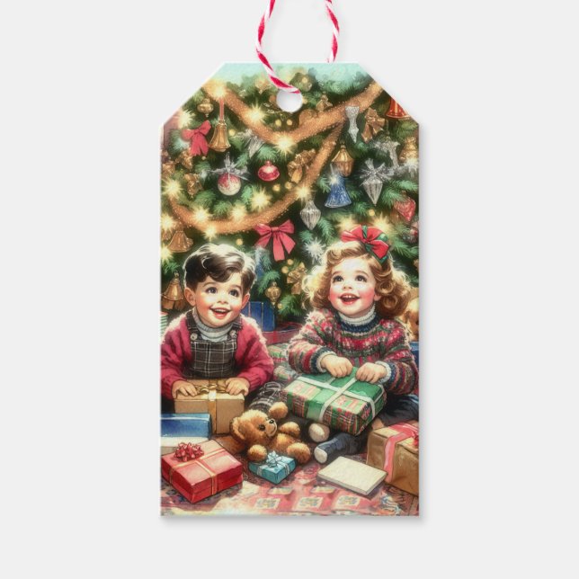 Söta nostalgiska barn på jul till och från presentetikett (Framsidan)