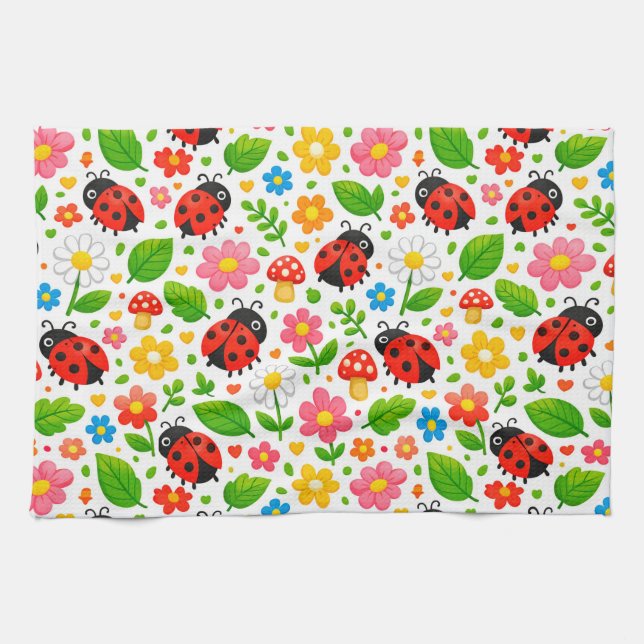 Söta nyckelpigor och blommor för barn kökshandduk (Horisontell)