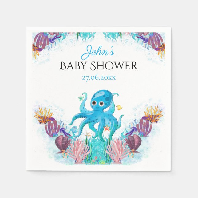 Söta Octopus Seashells Baby Shower Napkins Pappersservett (Framsidan)