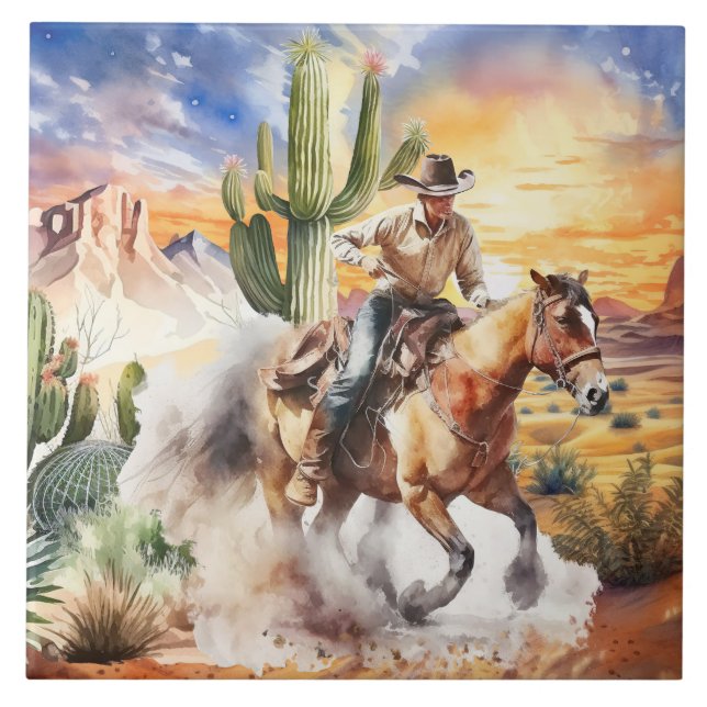 Söta ökenkaktus ridcowboy kakelplatta (Framsidan)