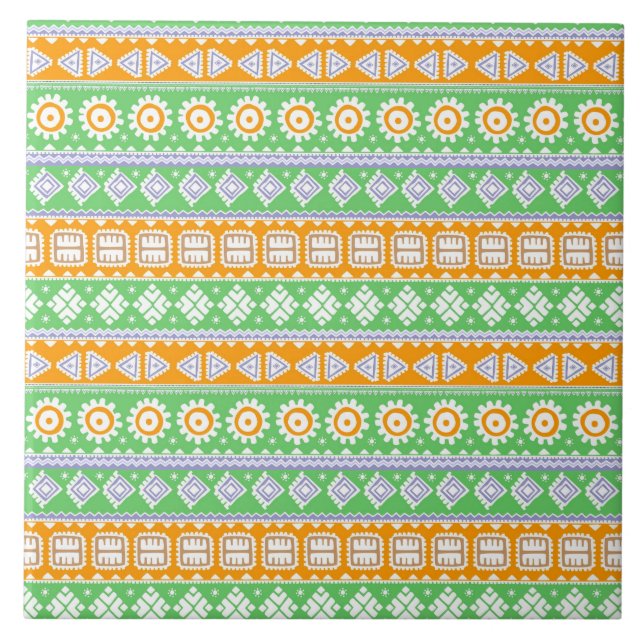 Söta orange gröna etniska mönster design kakelplatta (Framsidan)