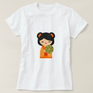 Söta orange Kokeshi japanska dockor T Shirt