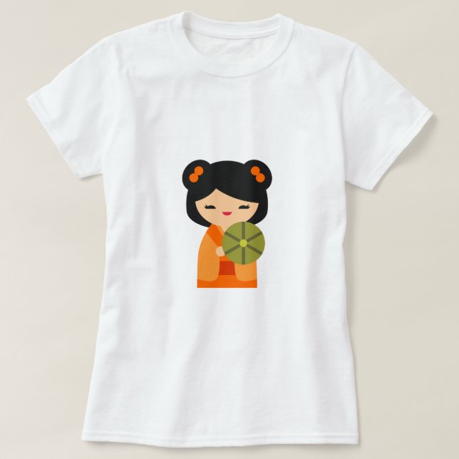 Söta orange Kokeshi japanska dockor T Shirt (Design framsida)