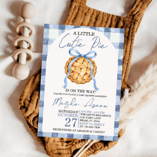 Söta paj Dusty Blue Bow Gingham Höst Bebis Badrums Inbjudningar
