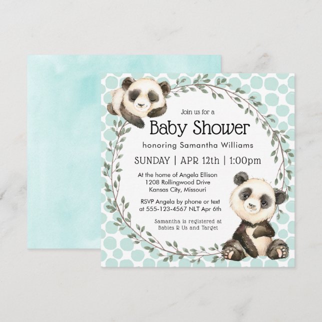 Söta Panda Björnar Fyrkantig Baby Shower Inbjudningar (Fram/baksida)
