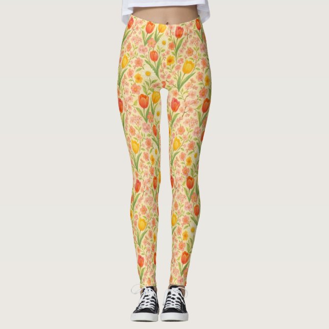 Söta påsk/vår-mönstrade blommor leggings (Framsida)