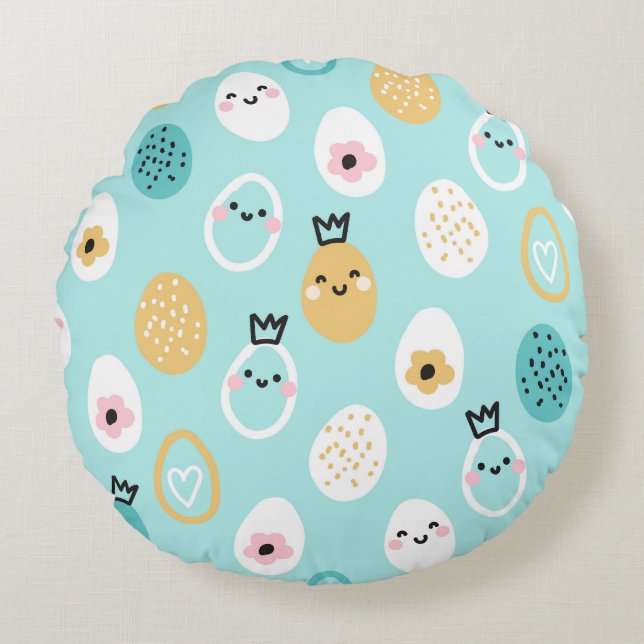 Söta påskäggsmönster Kawaii Pastellfärgade Ägg Rund Kudde (Framsidan)