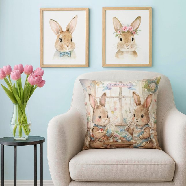 Söta påskharar & ägg  kudde (Whimsical Easter pillow—perfect spring gift for bunny lovers, decorators, and cozy home vibes.)