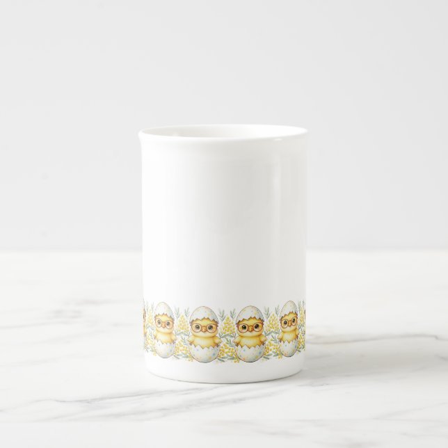 Söta påskkycklingglasögon Mimosa blommar Benporslin Mugg (Framsidan)