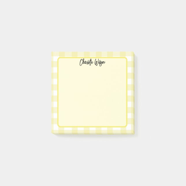Söta Pastell Gula Gingham Mönster Anteckningar Post-it Block (Framsida)