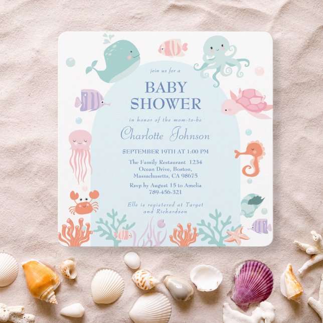 Söta Pastell Havsvänner Blå Bebis Shower Inbjudningar (Skapare uppladdad)