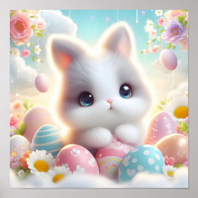 Söta Pastell Kawaii Kattungar Påskägg Poster (Framsidan)