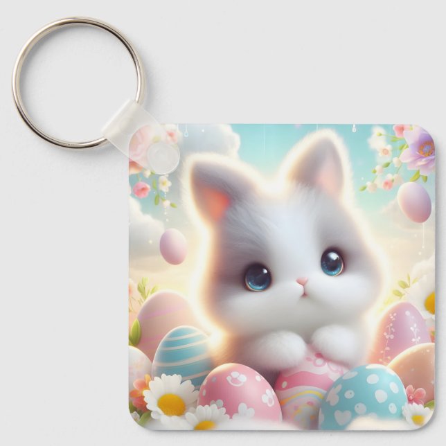 Söta Pastell Kawaii Kattunge Påskägg Nyckelring (Framsida)