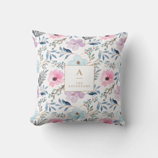 Söta Pastellblå Akvarellblommor Monogram   Kudde (Framsida)