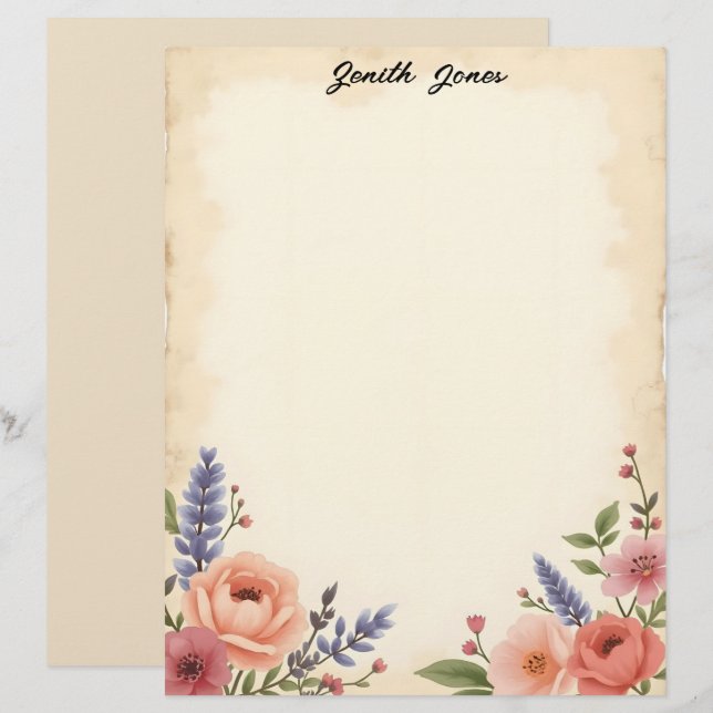 Söta Pastellfärgade Blommor Brevpapper (Fram/baksida)
