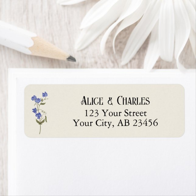 Söta Pea Flower Blue och Cream Bröllop Returadress Etikett (Insitu)