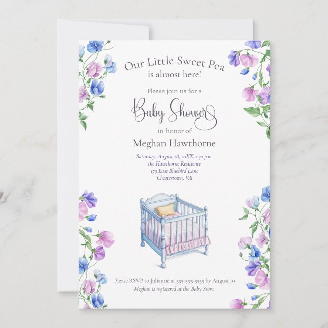 Söta Pea Watercolor Blommigts Baby Shower Inbjudningar (Framsida)