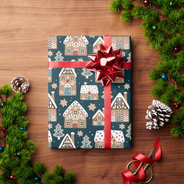 Söta pepparkakshus & kakor Blå jul Presentpapper (Julgåva)