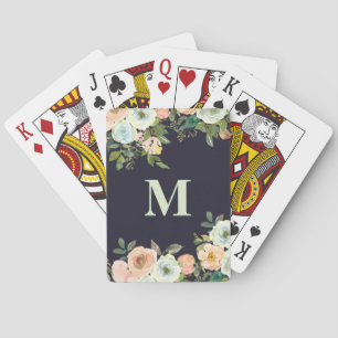 Söta Persika Mint Blommor Svart Monogram Initial Casinokort