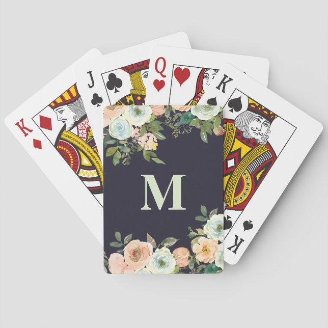 Söta Persika Mint Blommor Svart Monogram Initial Casinokort (Baksidan)