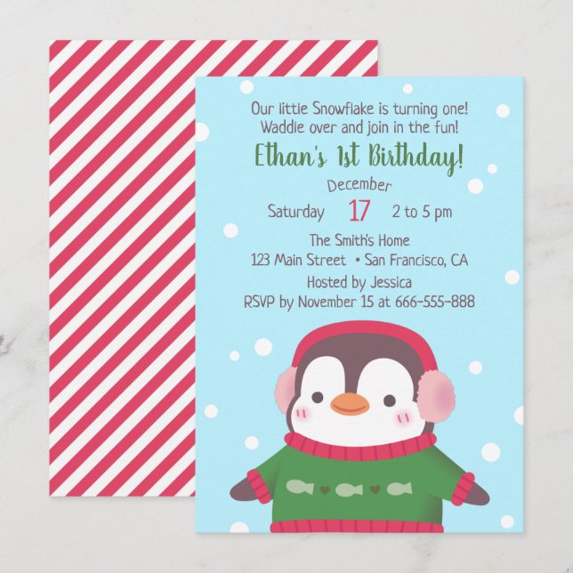Söta pingvin i tröja födelsedagsfestinbjudan inbjudningar (Fram/baksida)