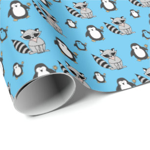 Söta pingvin tvättbjörn kompisar babypresent blå presentpapper