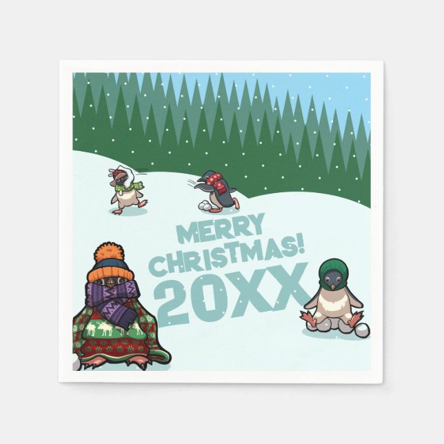 Söta pingviner lägger till året God Jul! Vinter Pappersservett (Framsidan)